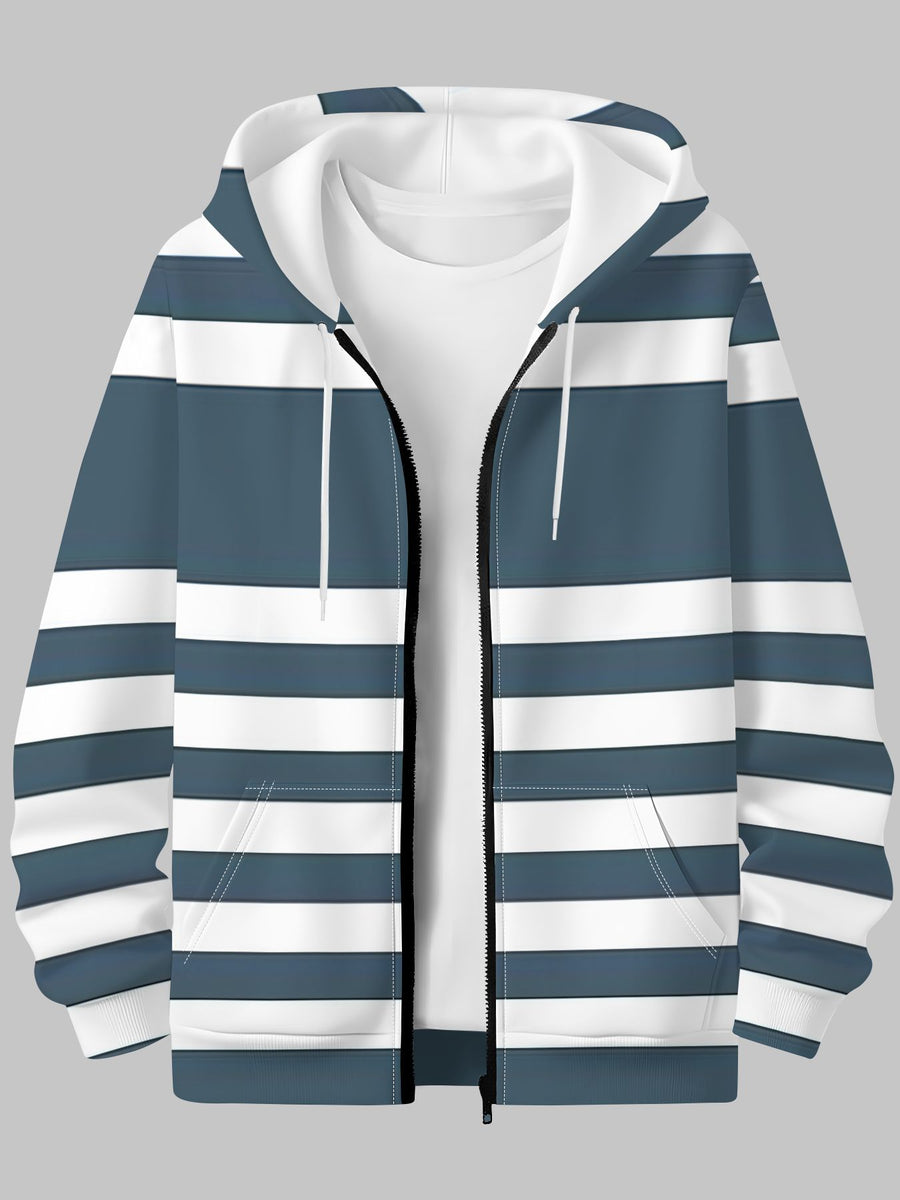 Autumn Winter Men'S Casual Hoodie Gray Blue Horizontal Stripes Hooded Cardigan Vest Easy Versatile - Mixed colors
