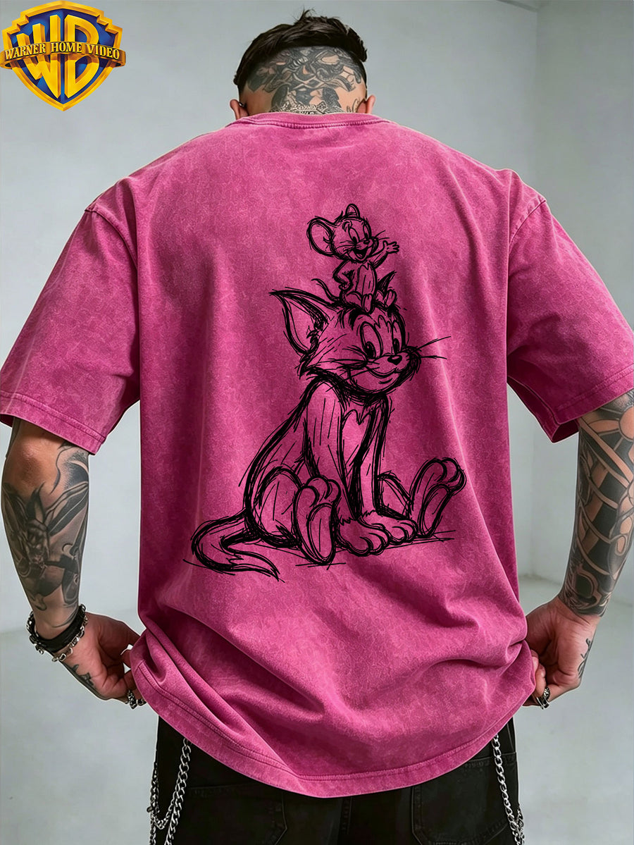 Warner Bros. Officially Authorizes Sketch Style Sitting up Print Retro Washed Distressed Short Sleeved T-shirt for Both Men and Women, Machine Washable Daily Commuting Outdoor Sports and Leisure Top - Rose Red