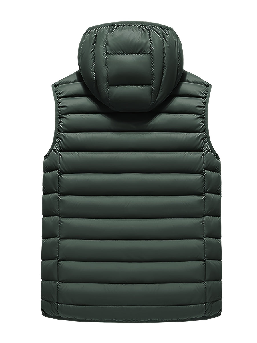 Men'S Slim-Fit Hooded Vest - Lightweight Non-Stretch Jacket, Front Zipper Closure, Side Pockets - Cold Weather Outerwear for Everyday & Formal Events - Fall/Winter, Winter Clothing, Sleek Design, Durable Construction, Stylish Outerwear, Urban Style - Dark Army Color