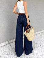 Women's Stretchy Dark Blue/Denim Blue High-Waist Stretch Wide-Leg Jeans, Belt-Free, Elegant and Classy, Essential for Casual Outings and Summer Travel - Deep Blue