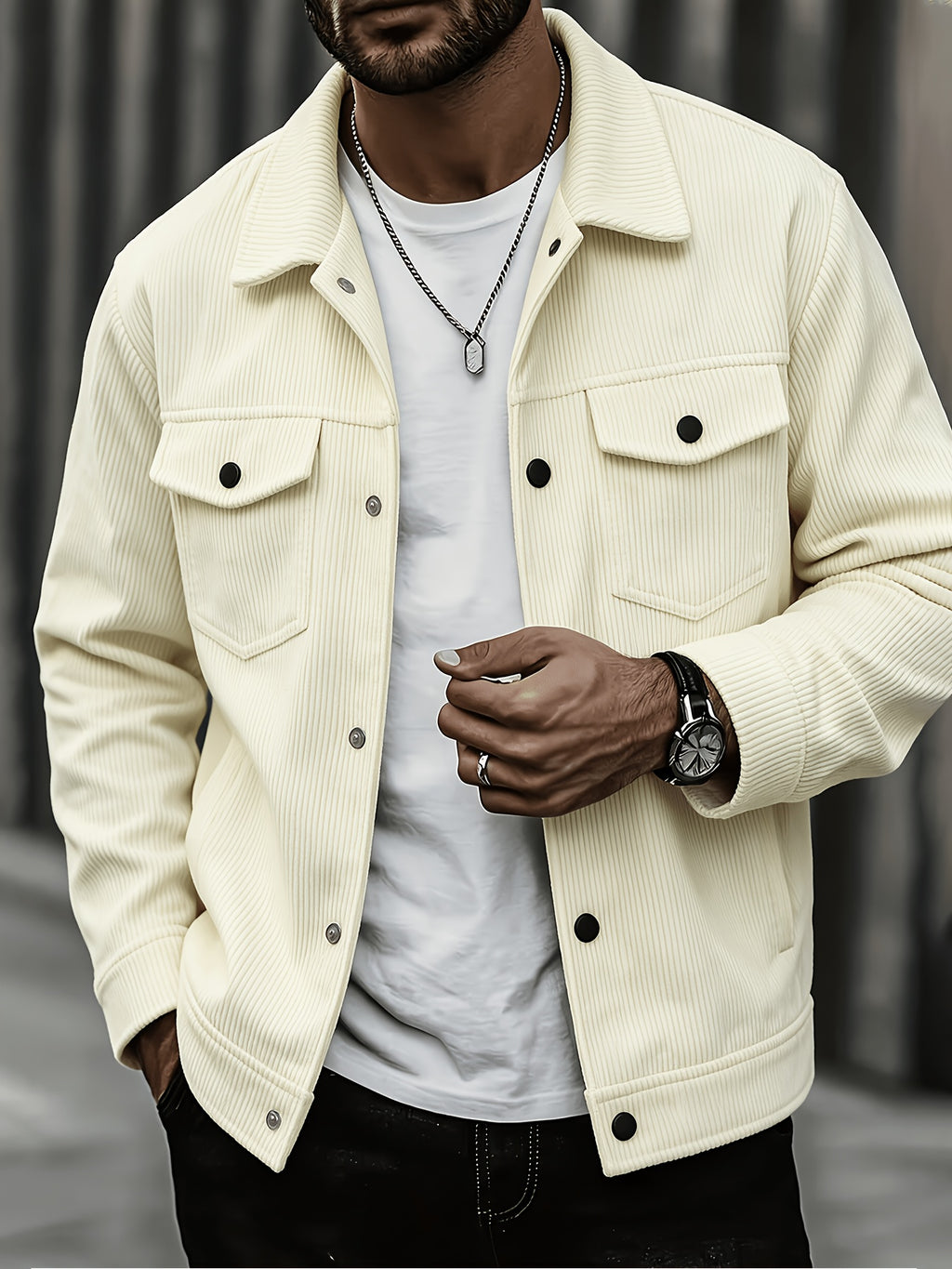 [Pearson OBM] Autumn Winter Men'S Corduroy Solid Color Casual Fashion Multi-Pocket Button-Up Jacket 2pcs Set - Off-white + Blue