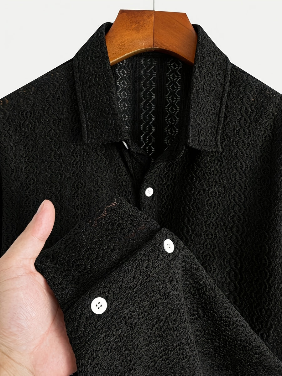 New Men's Solid Color Stretch Knit Openwork Plaid Jacquard Lapel Button- Casual Lightweight Shirt, Suitable for Daily Wear, Street Fashion, Summer, Autumn Menswear - Black