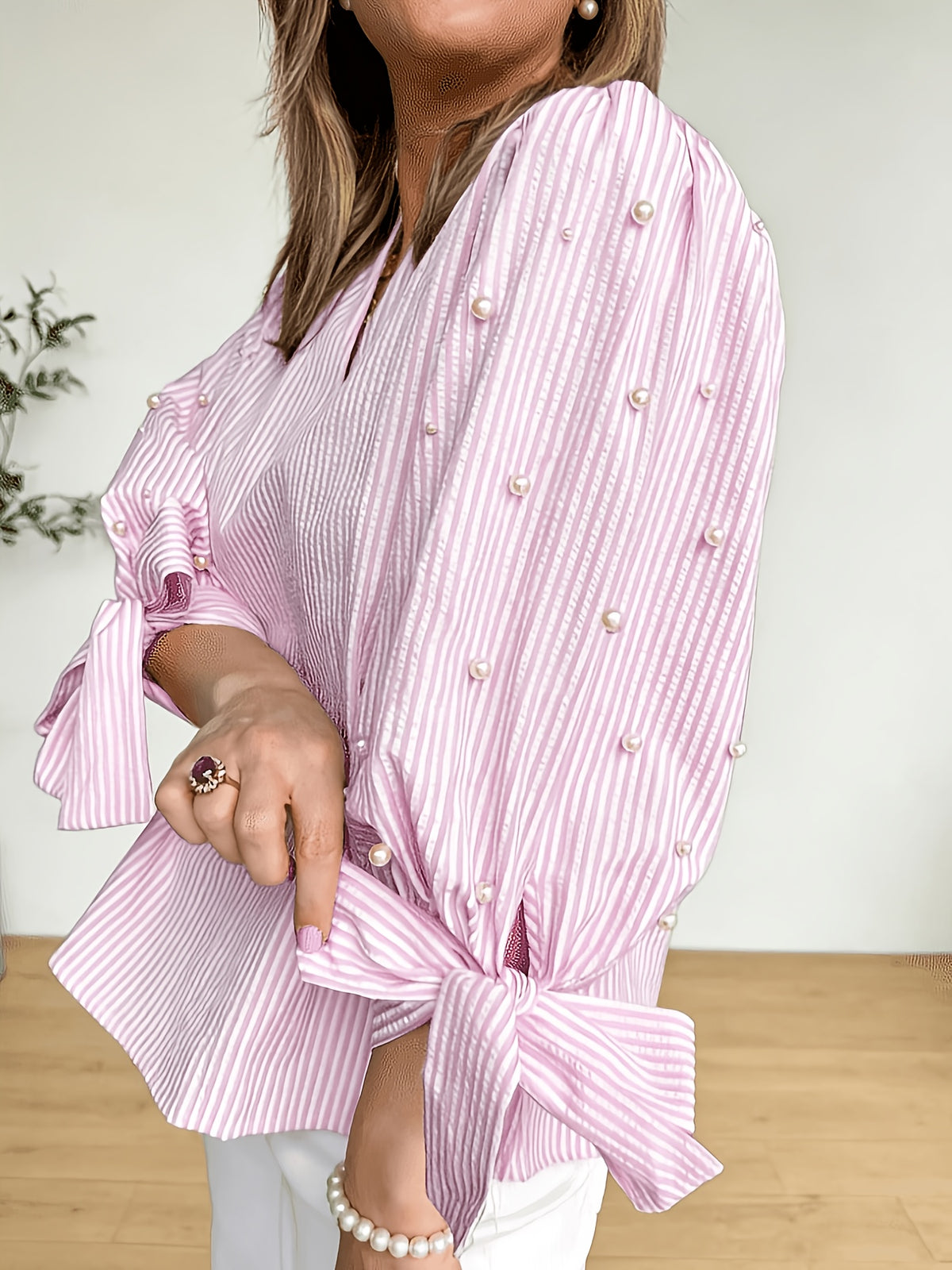 Women's Striped Fabric Top with Faux Pearl Bow, Ruffled Hem, and Tie-Front, Pink, Spring/Summer Style - pink