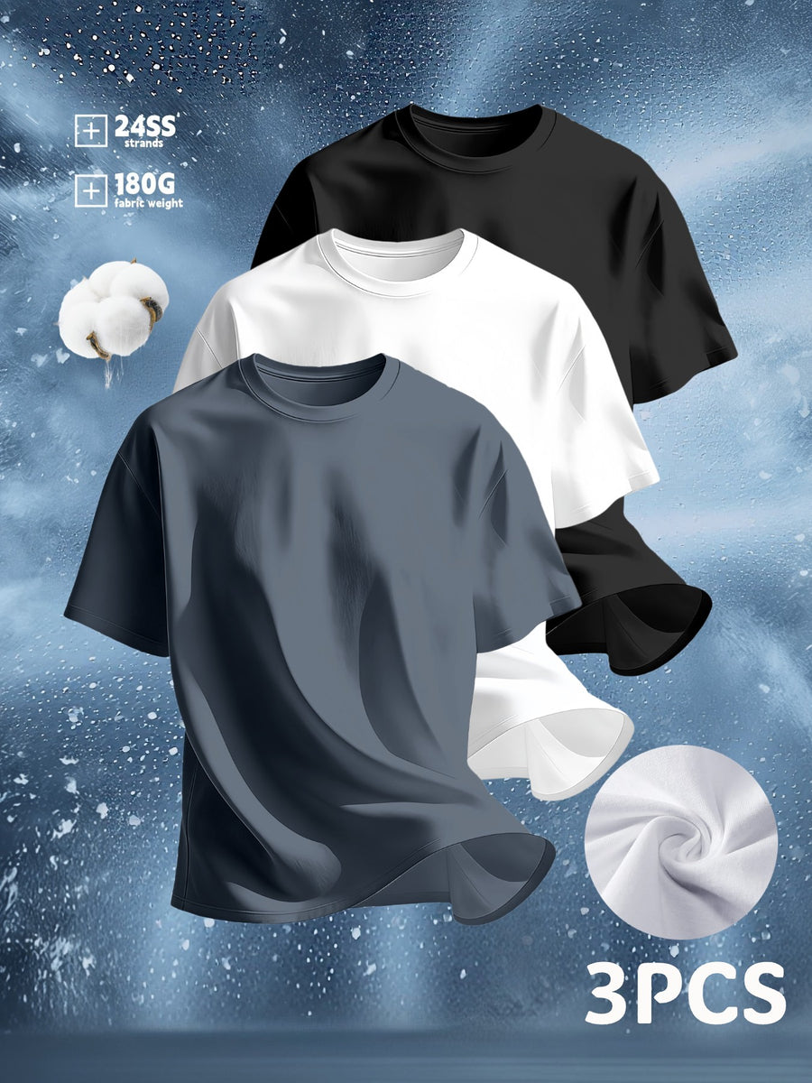Men's 100% Pure Cotton T-Shirt 3pcs Set - Minimalist Design Label, Solid Color Casual Crew Neck Short Sleeve Top, Multiple Colors Available - Bulk for Daily Wear and Layering, Machine Washable, Versatile Casual Essential, Breathable Fabric, Do Not - Dark grey, White, Black