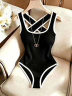 Contouring Black Trim Contrast Ribbed Stretch Women'S Elegant Tight Top Without Additions - Black