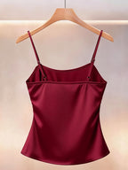 ASD1 Spring/Summer Pearl Bow Satin Waist Camisole Elegant/Mature Women Cowl Neck Sleeveless Vest Drape Satin Beaded Shoulder Strap Craft Banquet/Date/Semi-Formal Occasion/Commute Wine Red Satin Pearl Bow Camisole SF2608 - Burgundy