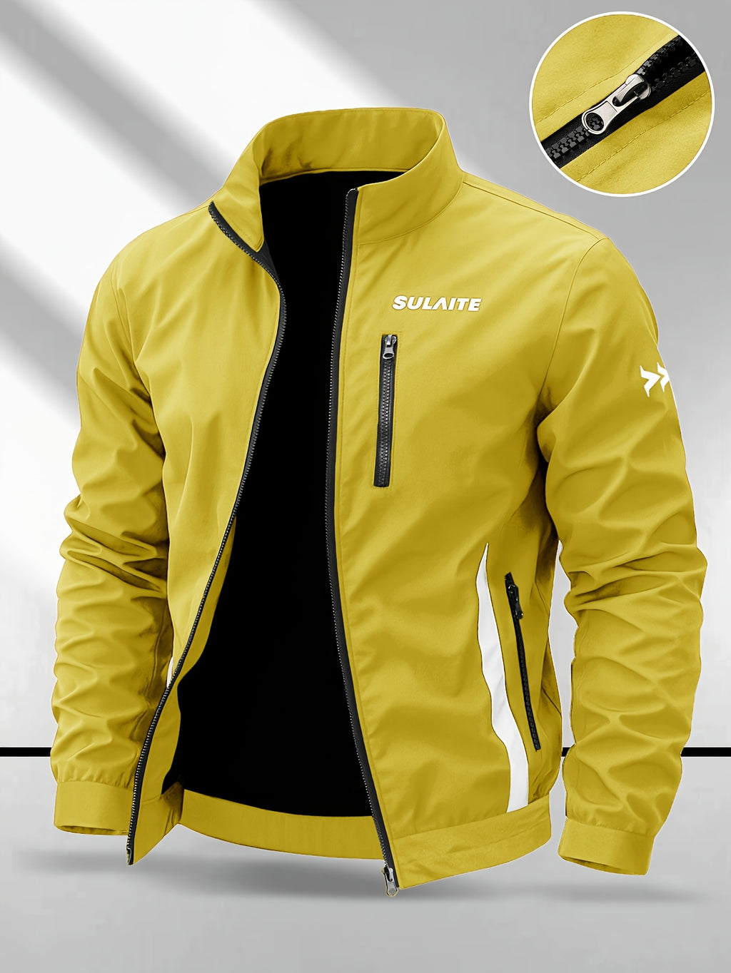 Trendy Vintage Men's Spring/Autumn New Casual Versatile Jacket Outdoor Sports Windproof Coat with Contrasting Color Stand Collar, Transitional Layering Essentials - Bright Yellow