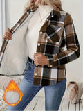 Women's Elegant Plaid Jacket, -Lined for Warmth, Button-Up Lapel with Pockets, Thick Plaid Print Casual Shirt, Layered Plaid Print Composite Casual Women's Autumn/Winter Shirt Jacket - Coffee Color