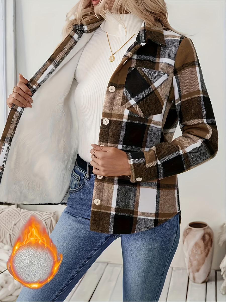 Women's Elegant Plaid Jacket, -Lined for Warmth, Button-Up Lapel with Pockets, Thick Plaid Print Casual Shirt, Layered Plaid Print Composite Casual Women's Autumn/Winter Shirt Jacket - Coffee Color