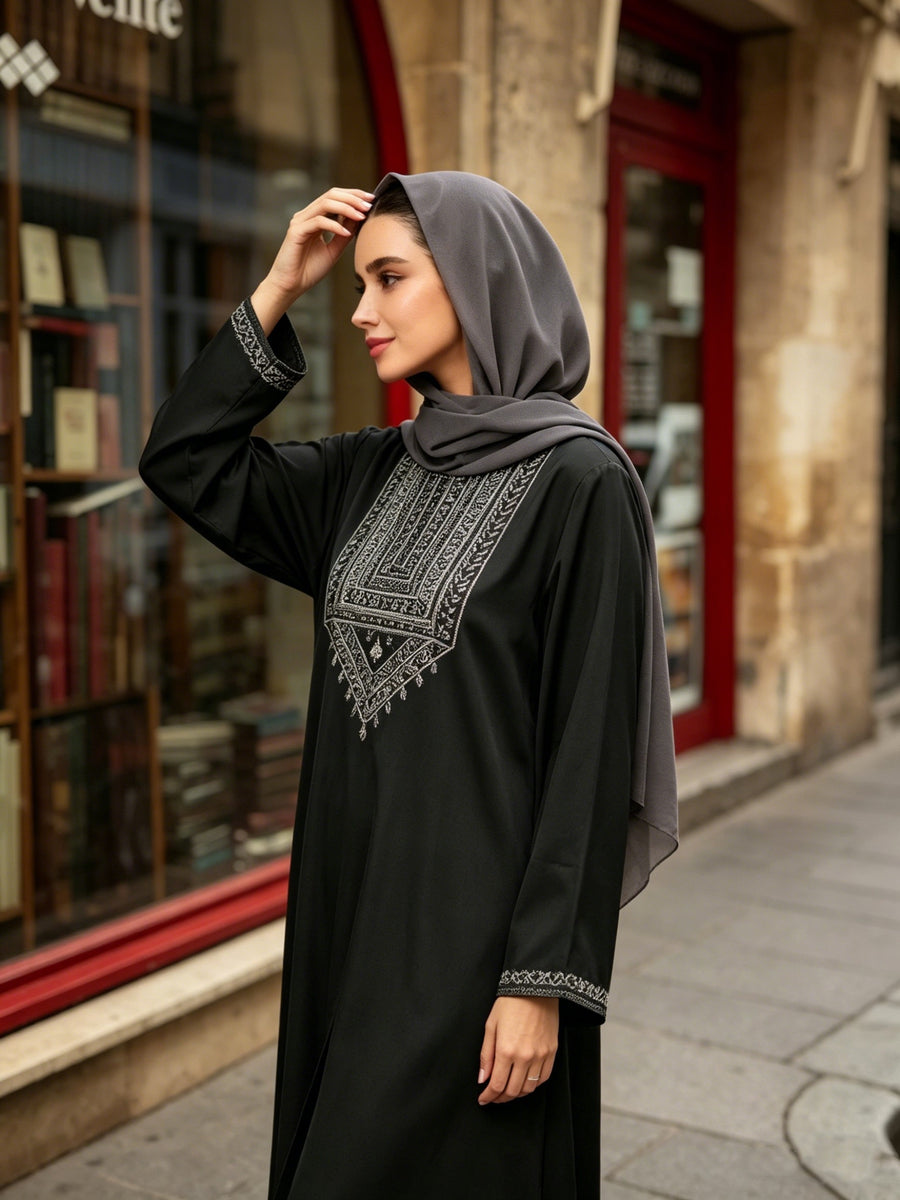Muslim Ethnic Style Intricate Embroidery Craft Round Neck Long Sleeve Elegant Casual Long Dress Abaya (Headscarf Not Included) - Black