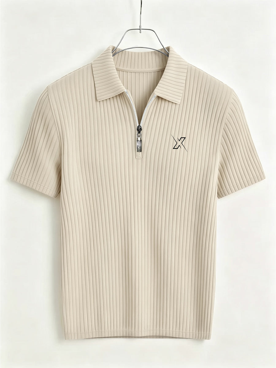 Men's Summer Casual Half-Zip Lapel Outdoor Sports Printed Short-Sleeve Polo Shirt - Khaki