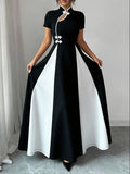 Women's Exquisite Fashionable Minimalist Daily Commute Attire Chinese-style Black and White Color Block Paneled Stand-up Collar A-line Waist-Cinched Asymmetric Design Long-length Short Sleeve Dress Bridesmaid Dress Women's - Black