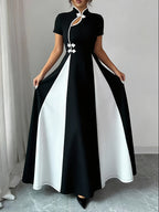 Women's Exquisite Fashionable Minimalist Daily Commute Attire Chinese-style Black and White Color Block Paneled Stand-up Collar A-line Waist-Cinched Asymmetric Design Long-length Short Sleeve Dress Bridesmaid Dress Women's - Black
