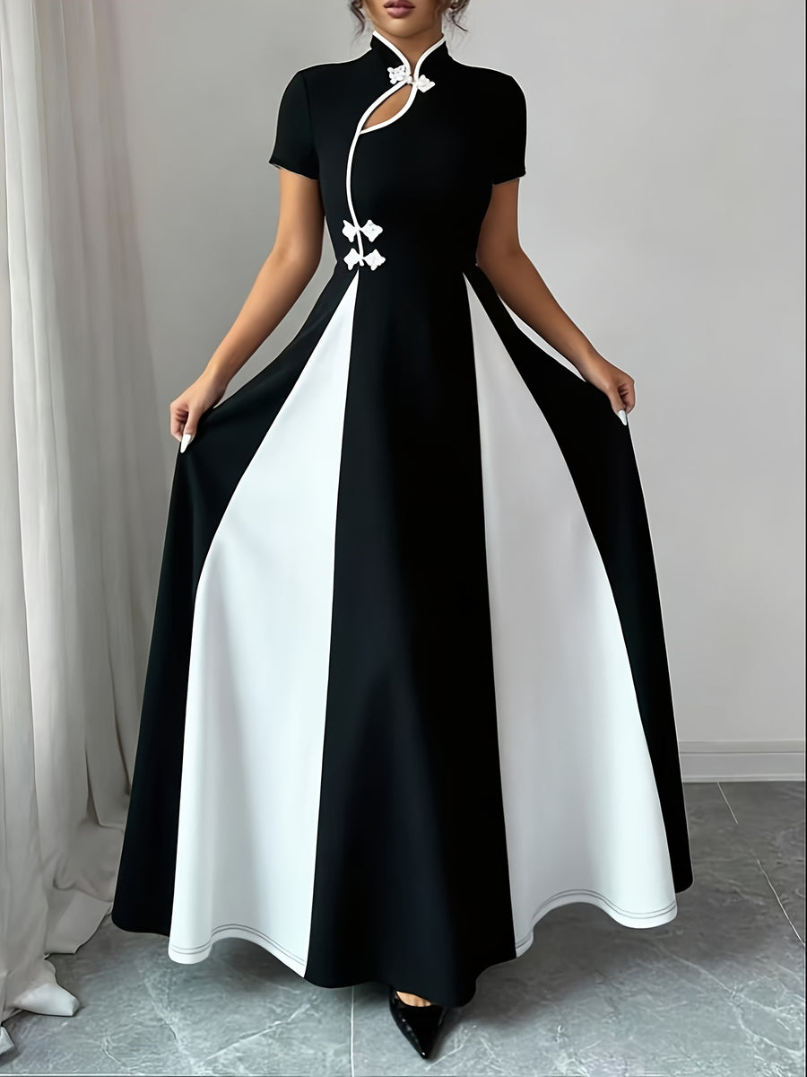 Women's Exquisite Fashionable Minimalist Daily Commute Attire Chinese-style Black and White Color Block Paneled Stand-up Collar A-line Waist-Cinched Asymmetric Design Long-length Short Sleeve Dress Bridesmaid Dress Women's - Black
