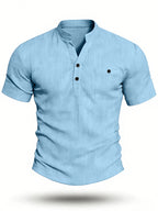 Henley Shirt Men's High-Quality Summer Short-Sleeve Henley T-Shirt - Men's Top, Old Money Style, Suitable for Golf Attire, Outdoor Camping, Fishing, and Daily Casual Wear - Sky Blue