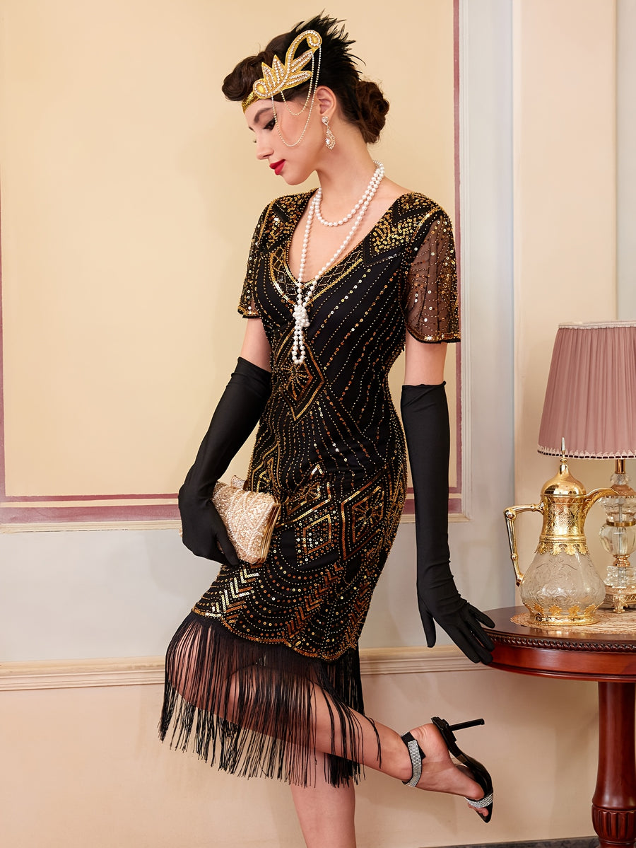 1920S Vintage Sequin Skirt Gatsby Ball Fringe Dress Party Evening Dance Dress Sequined Gown (Dress Solely, No Gloves) - Black Golden