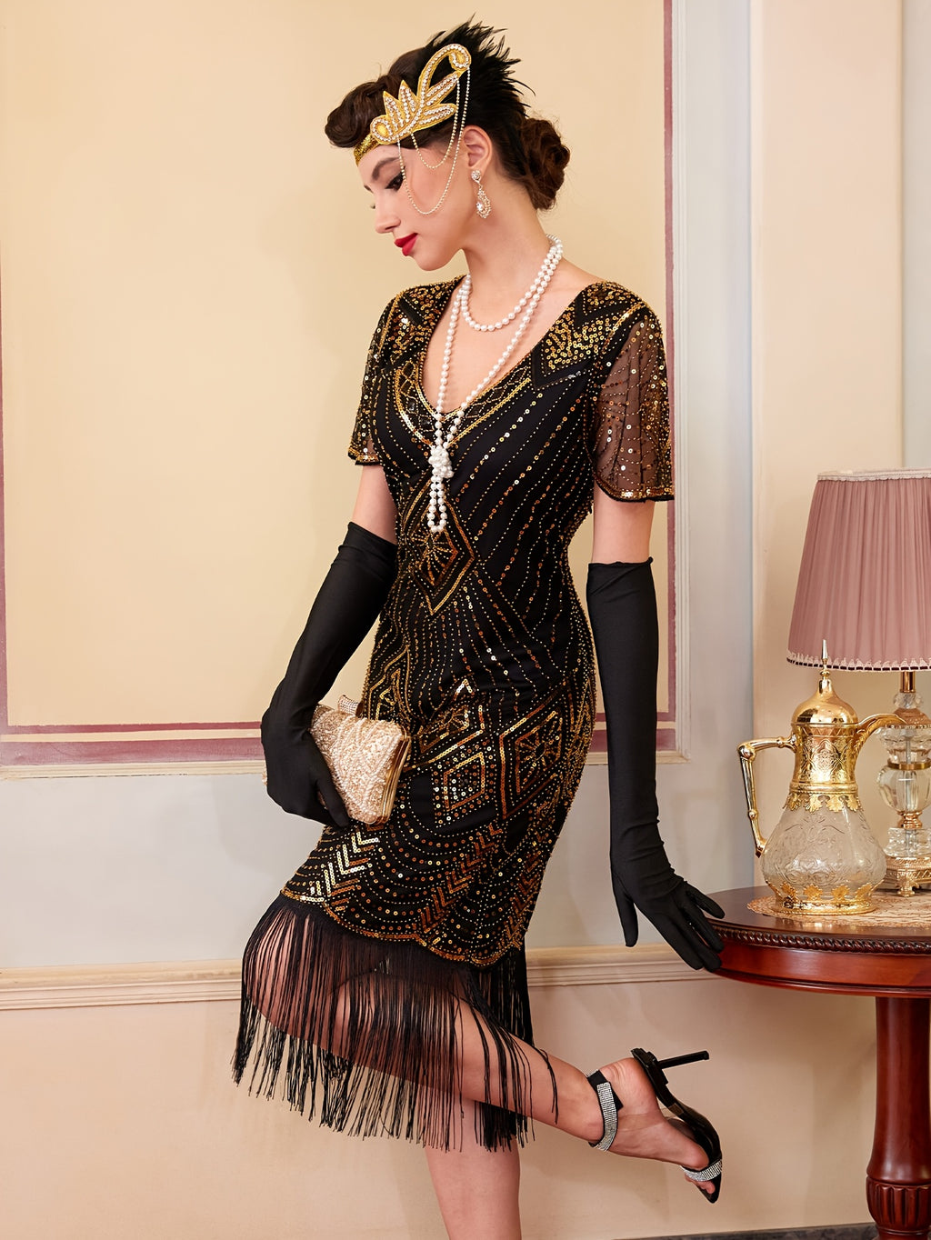 1920S Vintage Sequin Skirt Gatsby Ball Fringe Dress Party Evening Dance Dress Sequined Gown (Dress Solely, No Gloves) - Black Golden