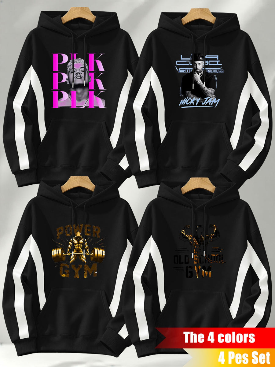 [4pcs] 2026 Autumn Winter Street Style Men'S Hooded Sweatshirt, Side Color-Block Lines Long Sleeve, Adjustable Drawstring Large Phone Kangaroo Pouch, Skin-Friendly Warm Back-To-School Rock Party Versatile Pullover Hoodie - Black + Black + Black + Black