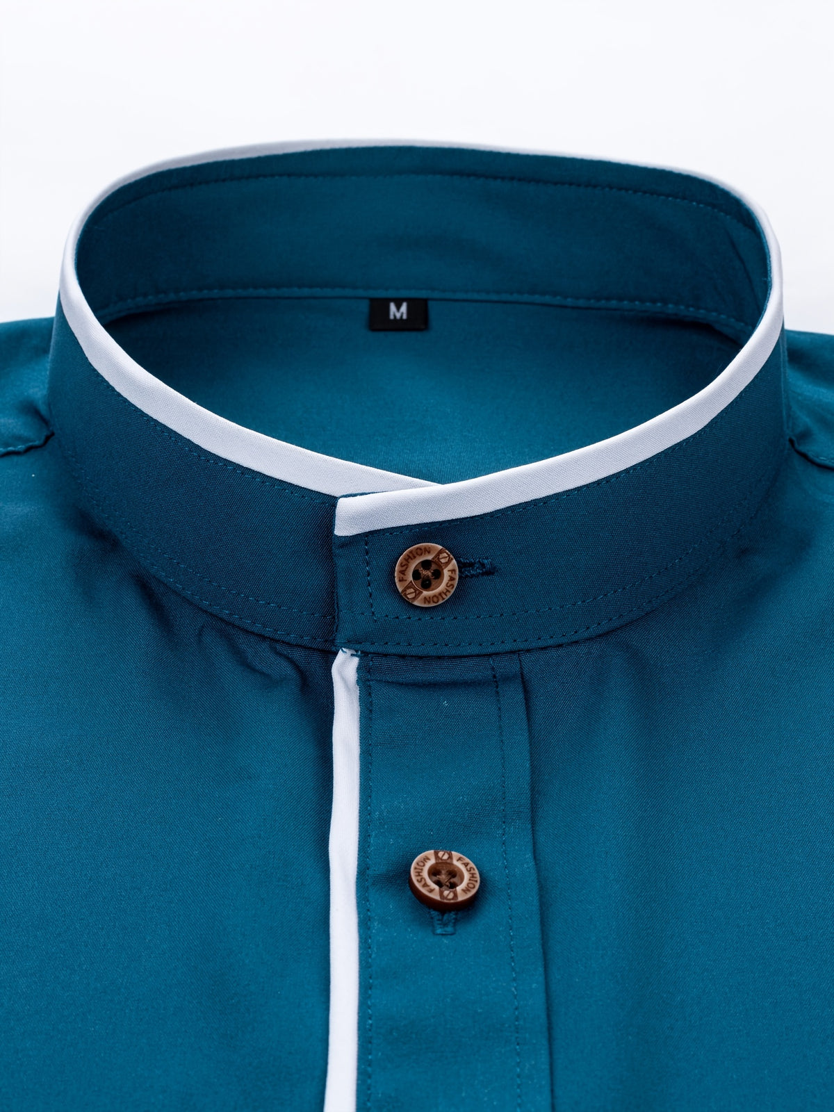 Men'S Short-Sleeved Shirt, Henley Collar/Stand-Up Collar Design, Placket Splicing Contrast Color Design - Dark Green
