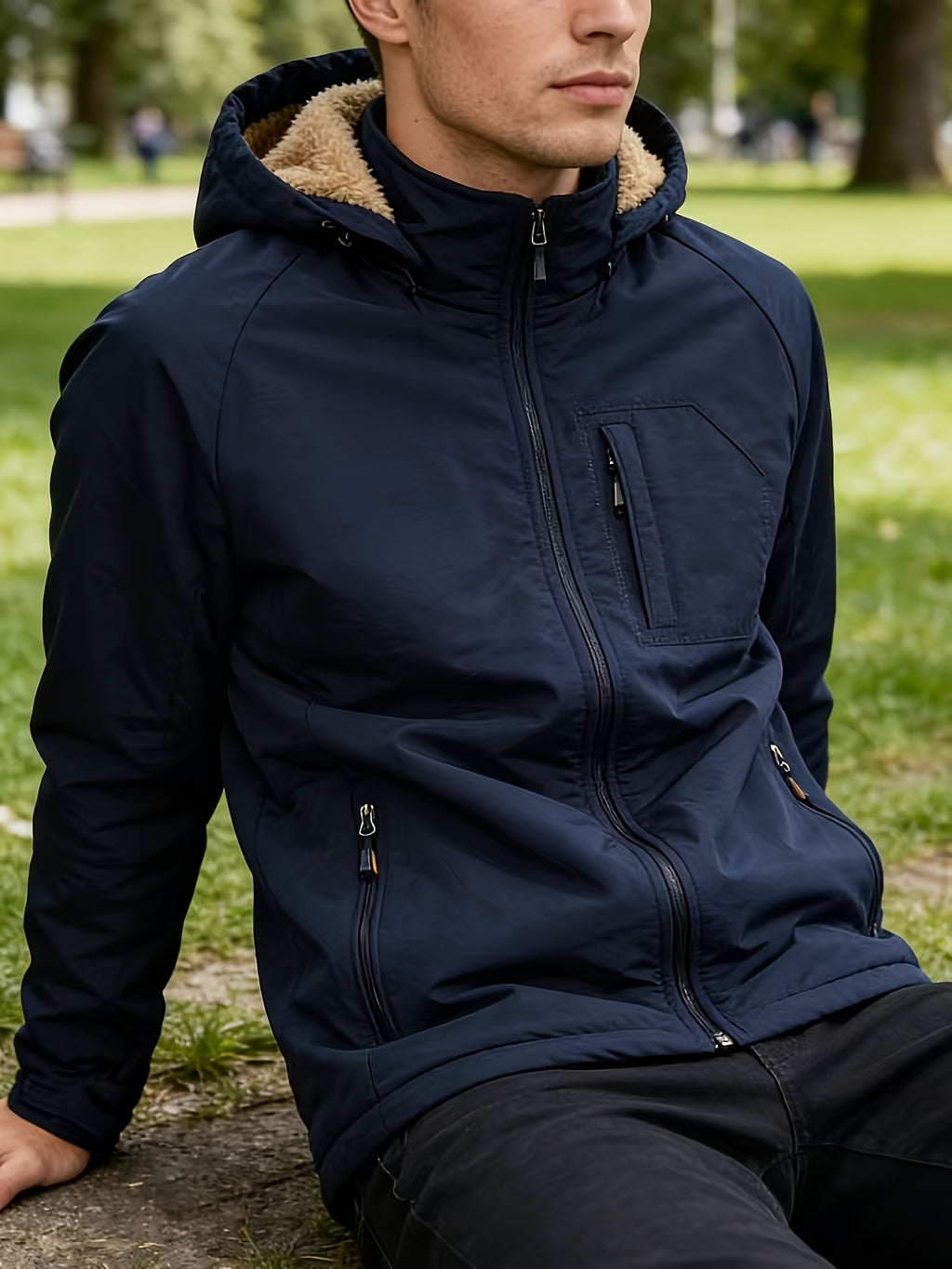 Men's Thick -Lined Casual Hooded Jacket - Dark Blue-1