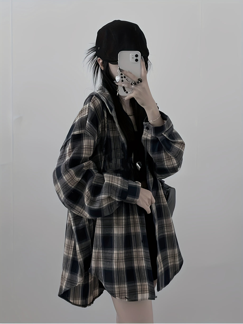Hooded Mid-Length Checkered Shirt Jacket Women'S Early Spring New Loose Premium Long Sleeve Cardigan Top Directional - Mixed colors