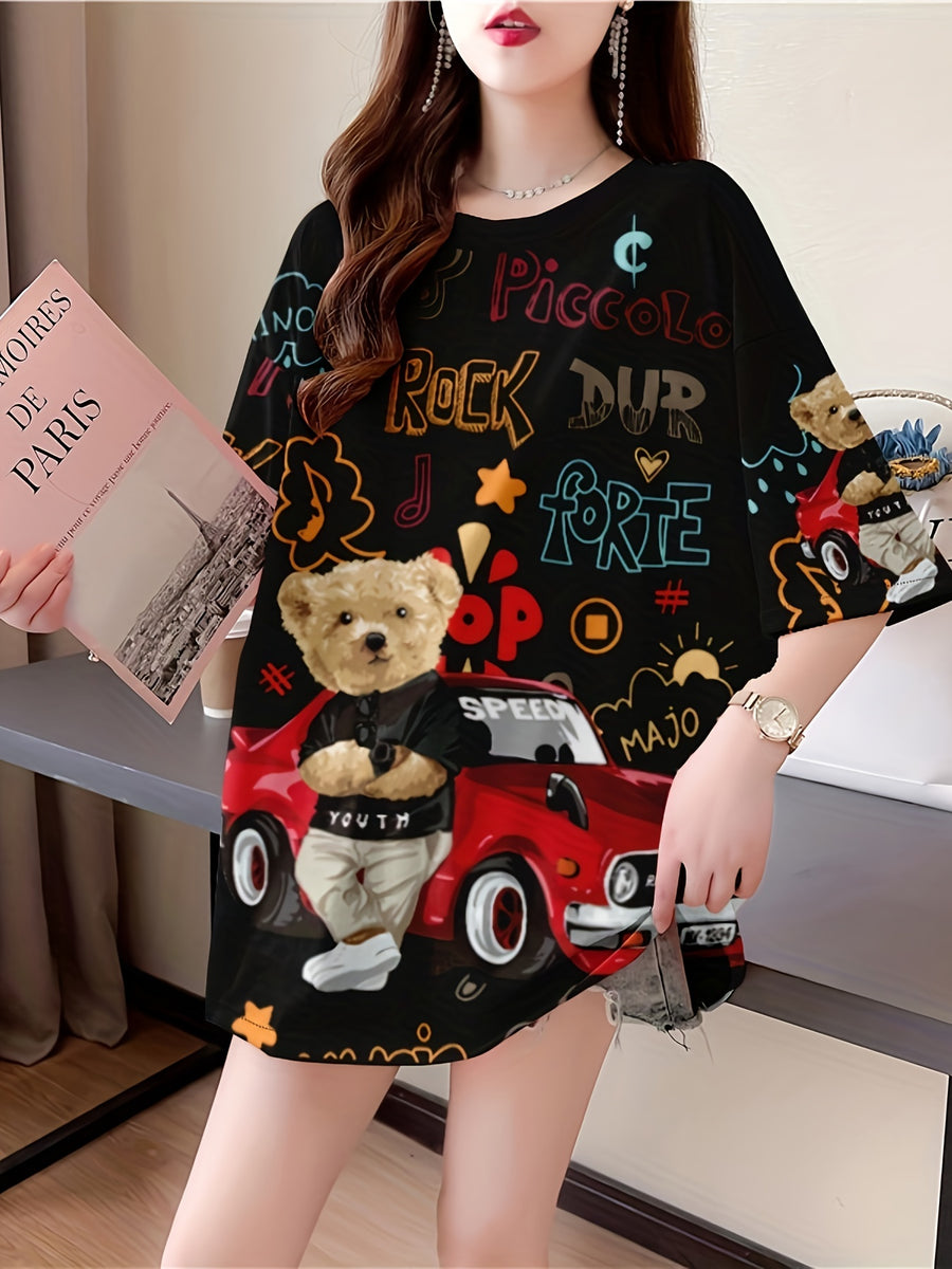 Summer New Large Size Loose Fashion Trend Slim Cartoon Round Neck Print Ladies Women's Medium and Long Short-sleeved T-shirt Clothes - K171-B