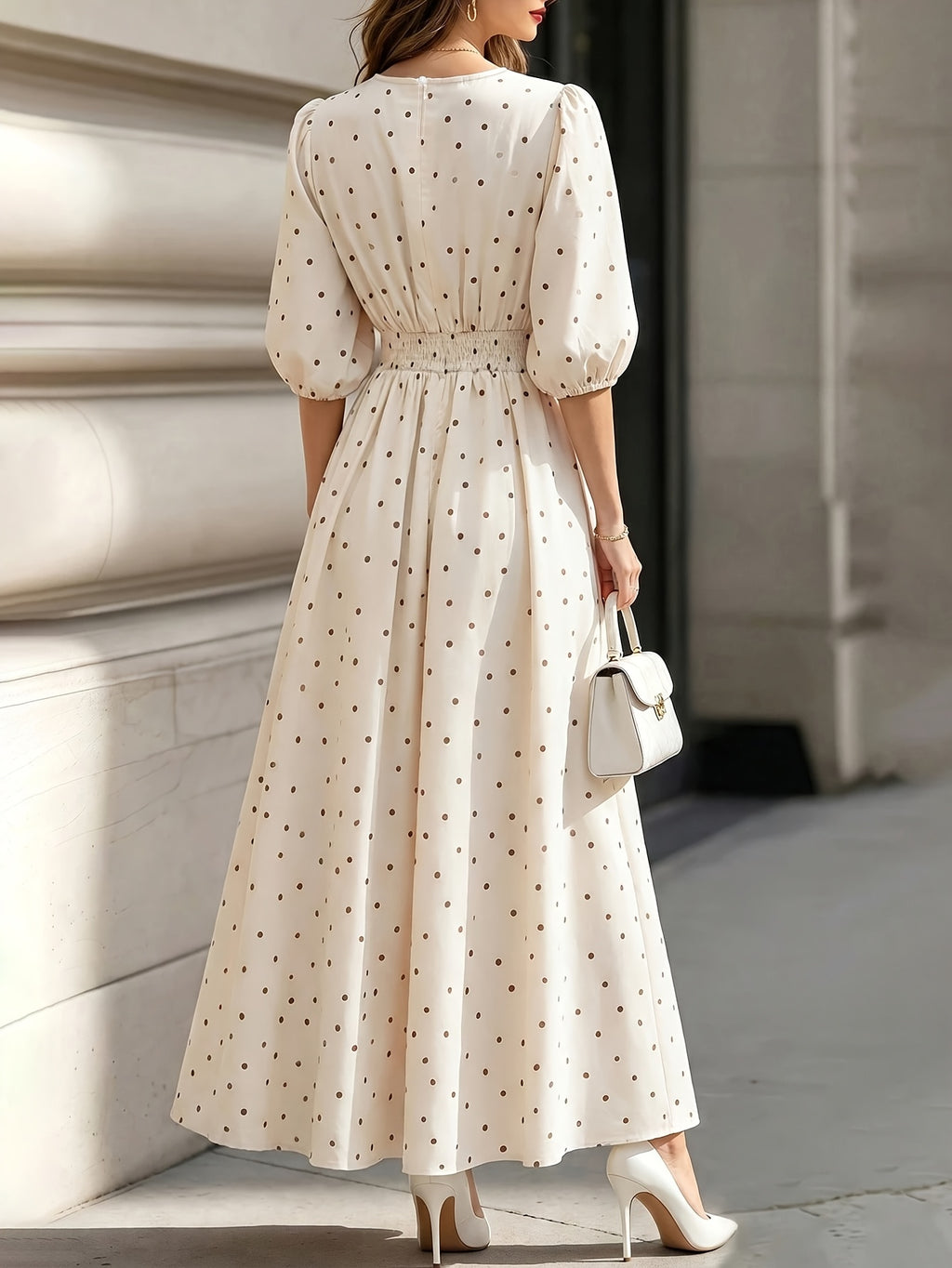 YYTT Women's Elegant Casual Polka Dot Bubble Sleeve Long Dress, Drawstring Waist, Back Slit Button Style, Gentle Style Commuting and Vacation Dress - Apricot