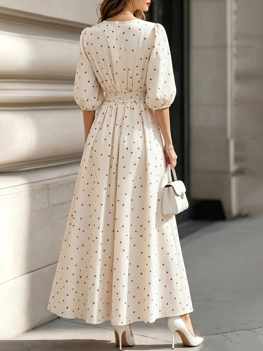 YYTT Women's Elegant Casual Polka Dot Bubble Sleeve Long Dress, Drawstring Waist, Back Slit Button Style, Gentle Style Commuting and Vacation Dress - Apricot