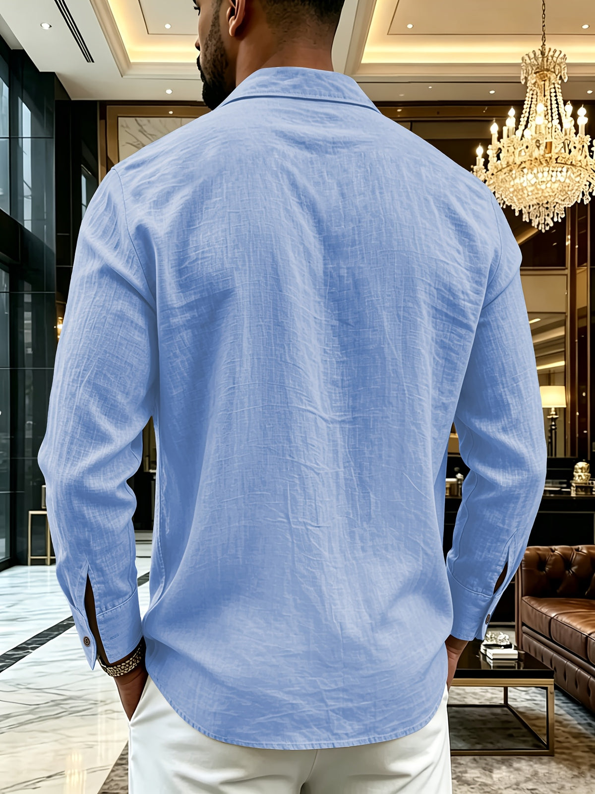 Men's Henley Shirt in Linen with Long Sleeves, Featuring Comfortable and Breathable Fabric with Trendy Printed Designs. Suitable for Daily Outings, Outdoor Sports, Travel, and Vacations. Lightweight and Breathable with a Regular Fit, Chest Pocket - Sky Blue