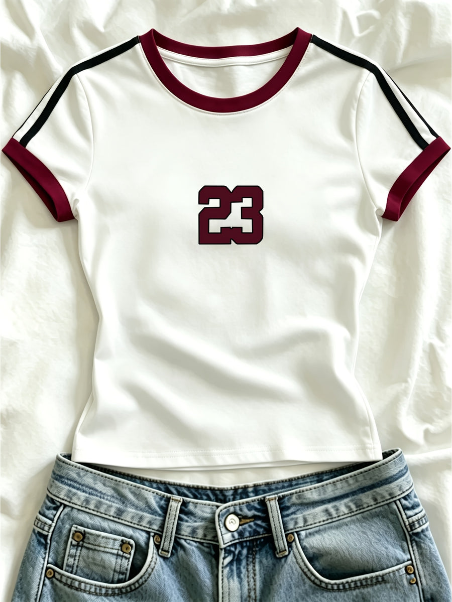 1pc Western Fashion Spring Summer Campus Style Square Shoulder Round Neck Contrast Slim Fit Women'S T-Shirt, Easy Number Pattern Women'S T-Shirt - White 1