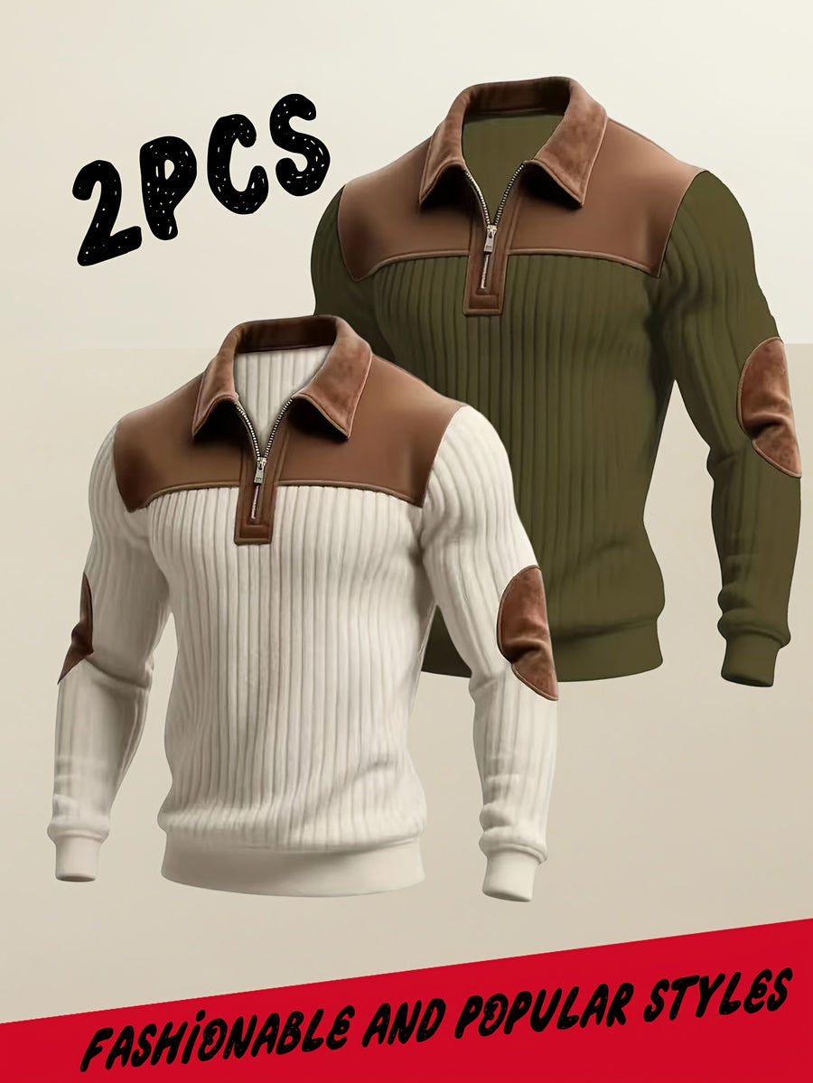 Men's Casual Long Sleeve Lapel Pullover with Patchwork Half-Zip Design, Two-pc, Multiple Colors Available, Men's Outdoor Casual Wear Suitable for Outdoor Sports and Vintage Casual Styling - Apricot + Army Green