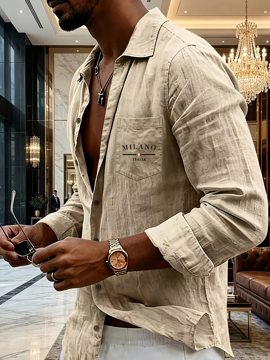 Men's Henley Shirt in Linen with Long Sleeves, Featuring Comfortable and Breathable Fabric with Trendy Printed Designs. Suitable for Daily Outings, Outdoor Sports, Travel, and Vacations. Lightweight and Breathable with a Regular Fit, Chest Pocket - Khaki