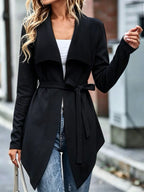 Women'S Waterfall Lapel Cardigan, Soft Fabric, Belted Waist, Irregular Asymmetrical Hem, Long Sleeves, Open Front Design, Casual Coat, Elegant Daily Commuter Coat, Can Be Paired with Jeans - Black