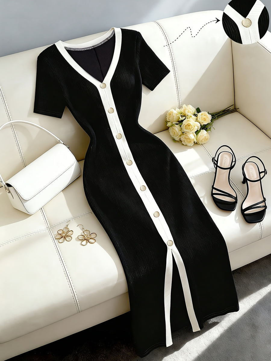 Ribbed Dress, Single-Breasted Slim-Fit Hip-Hugging Dress, Black and White Contrast Color Elegant Dress, Short-Sleeve Waist-Cinching Dress, High-End Little Black Dress, French-Style Elegant Dress, Light Luxury High-End Look, Vintage Classic Elegant - Black