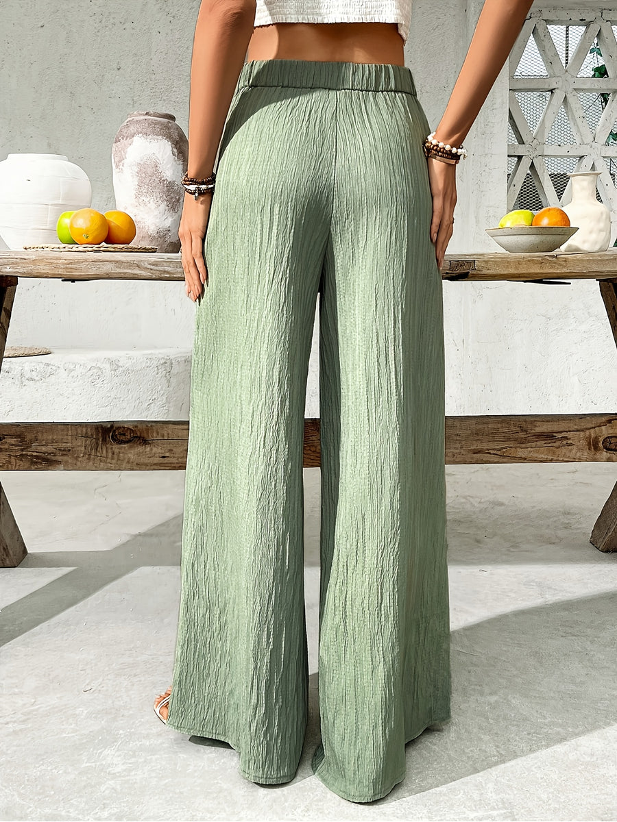 New Long Pants, Loose Comfortable Casual Fashion, Elastic Waistband, Meeting Different Needs, Wrinkled Fabric, Wide Leg Pants - Matcha Color