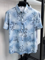 Men's Summer Short-Sleeve Shirt, Bamboo Rayon Print Design, Fashionable and Trendy, Versatile and Comfortable, Straight Hem Design, Flattering on All Body Types, More Comfortable for Daily Wear - SINBOS - Blue
