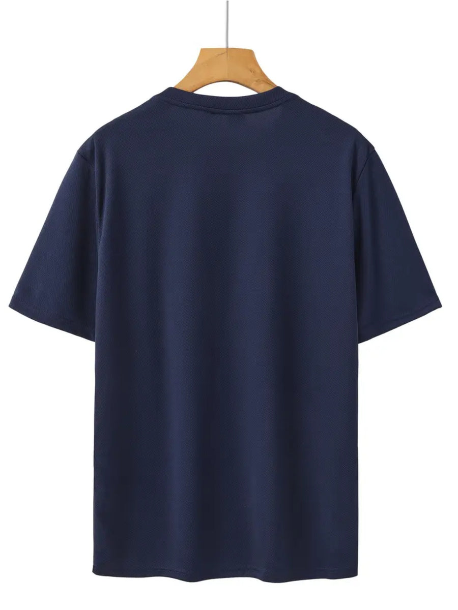 Casual Minimalist Style, Men's T-Shirt, Small Embroidered Letter Design, Summer Daily Wear, Gift for Boyfriend Or Husband - Navy Color