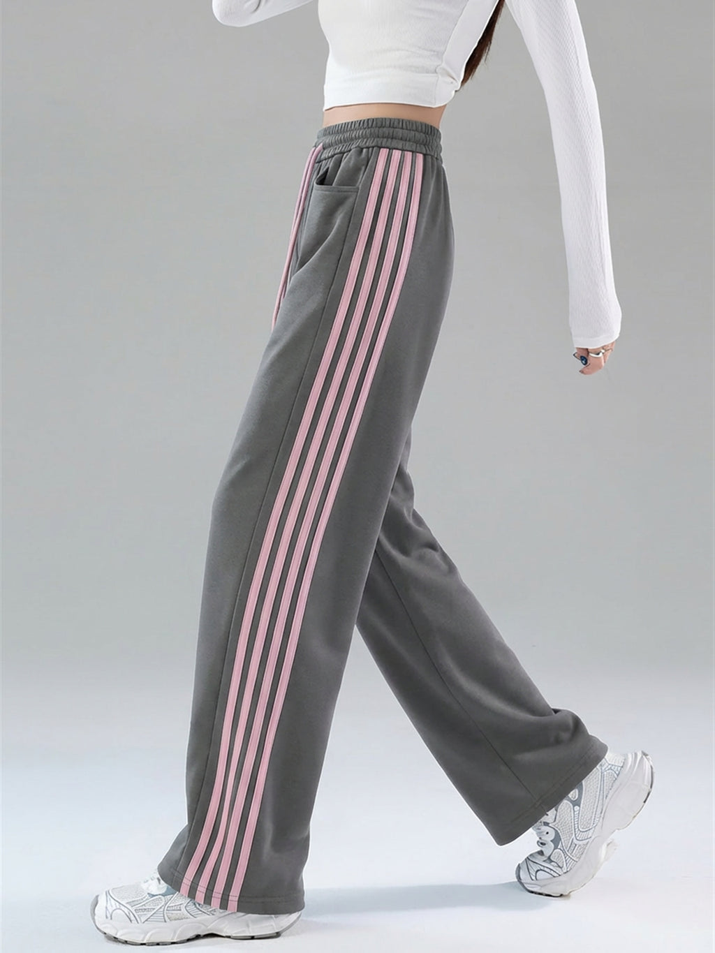 2025 Autumn Casual Easy Line Contrast Patchwork Casual Trousers American Loose Long Pants Women'S - 1A67 Smoke Gray & Pink