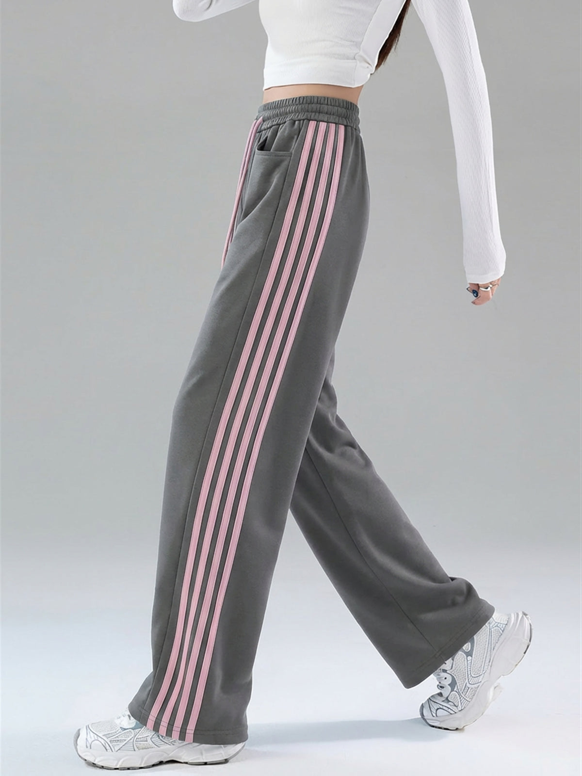 2025 Autumn Casual Easy Line Contrast Patchwork Casual Trousers American Loose Long Pants Women'S - 1A67 Smoke Gray & Pink