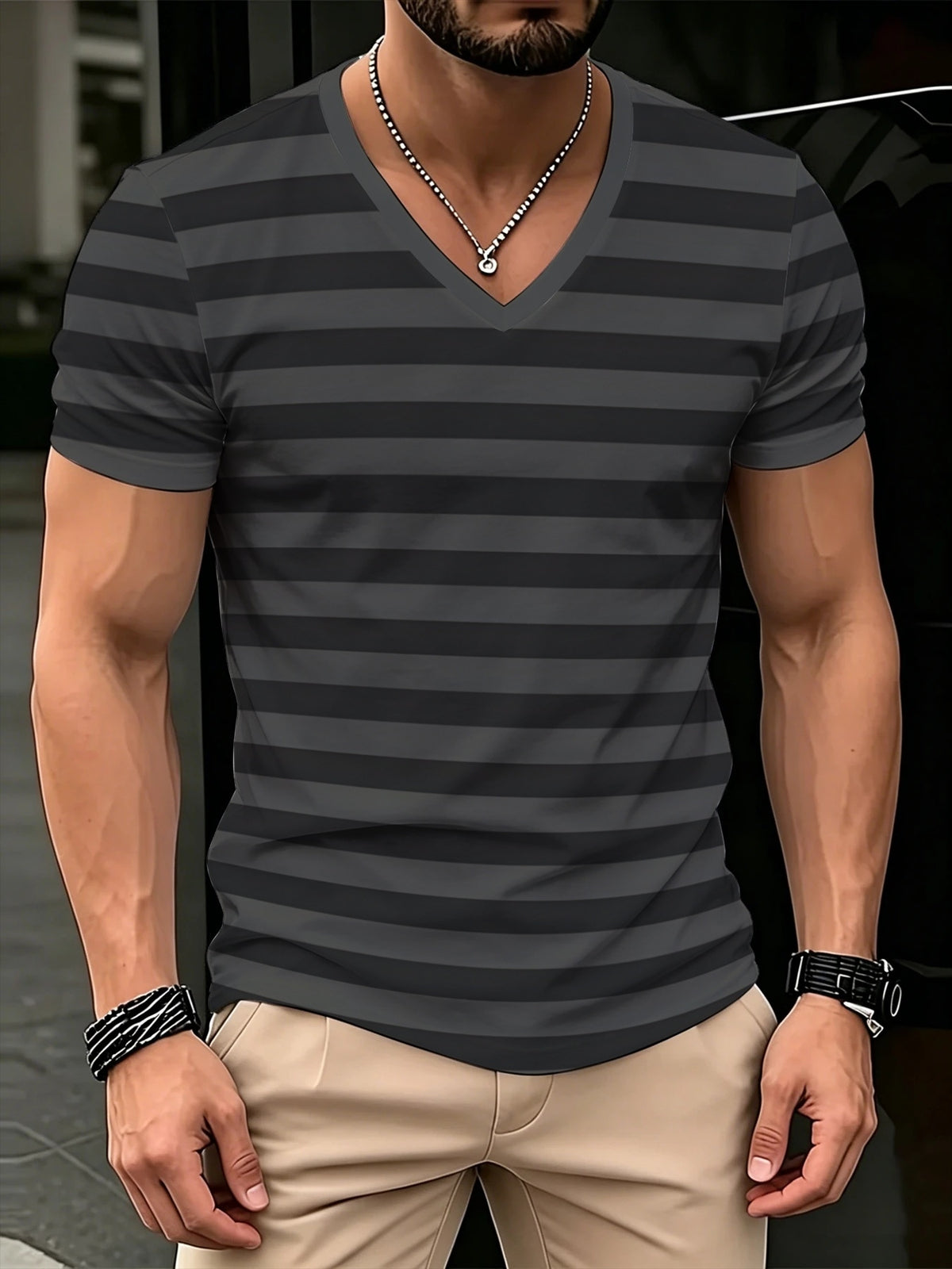 [Print Design-Not Textured] Men'S V-Neck Short Sleeve Top, Contrast Striped Slim Fit Casual T-Shirt, Gray Black Color Block Easy Style Basic Men'S Wear - Print V-Neck T-Shirt - Mixed colors