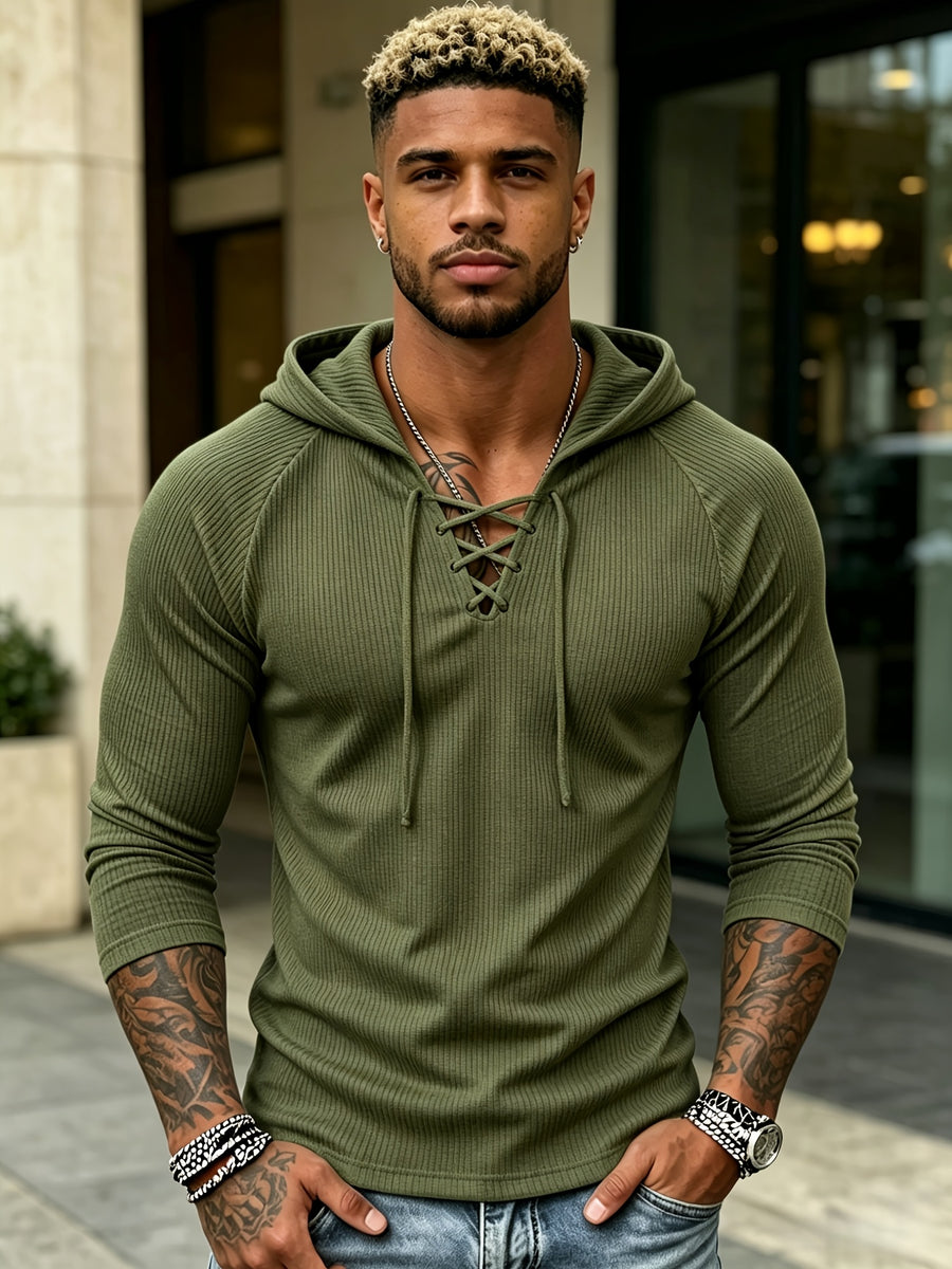 Joshmei OBM Vintage New York Street Style Men's White Textured Hooded Long-Sleeve T-Shirt with V-Neck and Cross-Strap Design, Niche Trendy Versatile Stretch Hoodie for Streetwear - Military Green