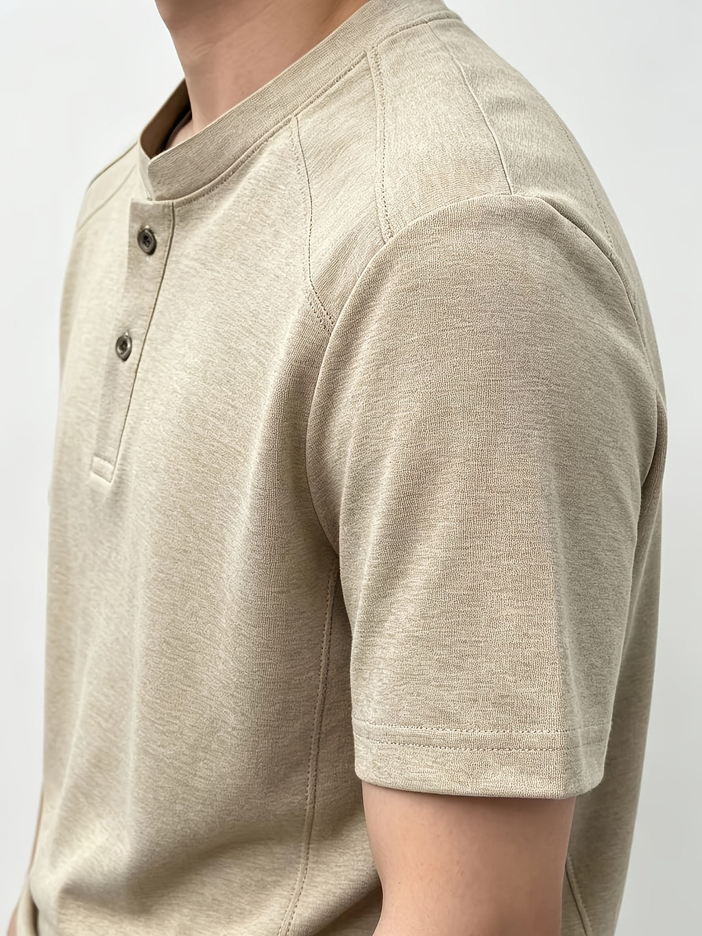 Men'S Solid Black Split Shoulder Mandarin Henley Collar Short Sleeve Top, Summer Office Daily Commute Golf City Street Outfit, Stretch Wrinkle Resistant Cooling Breathable 2-Button Tee, Middle-Aged Gentleman Business Casual Outfit, Minimalist Stand - Khaki