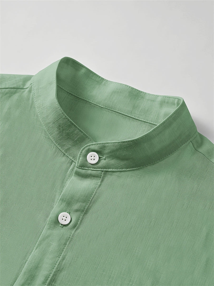 Zhiyu OBM Men's New Stand Collar Solid Color -Look Long Sleeve Shirt 4pcs Set, Simple Stand Collar Design, High-Quality Men's Long Sleeve Button- Shirt for Spring, Autumn, and Winter - Suitable for Outdoor Leisure, Vacation, Travel, and Formal Wear - Green + Sky Blue + Pink + Rose Red