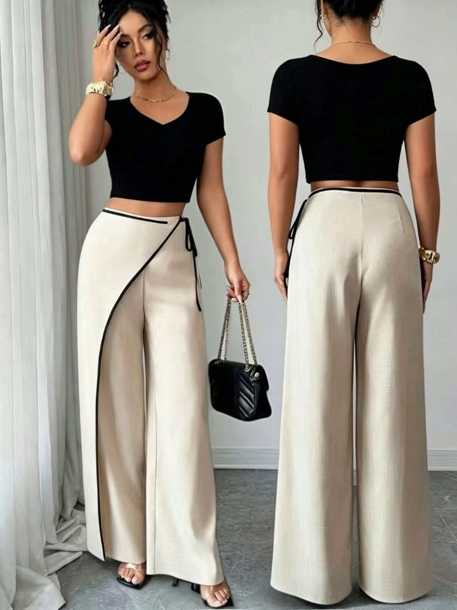 Black And White Contrast Premium Feel! Commuter Hot Favorite Design-Led Tie-Up Wide-Leg Pants - Beige