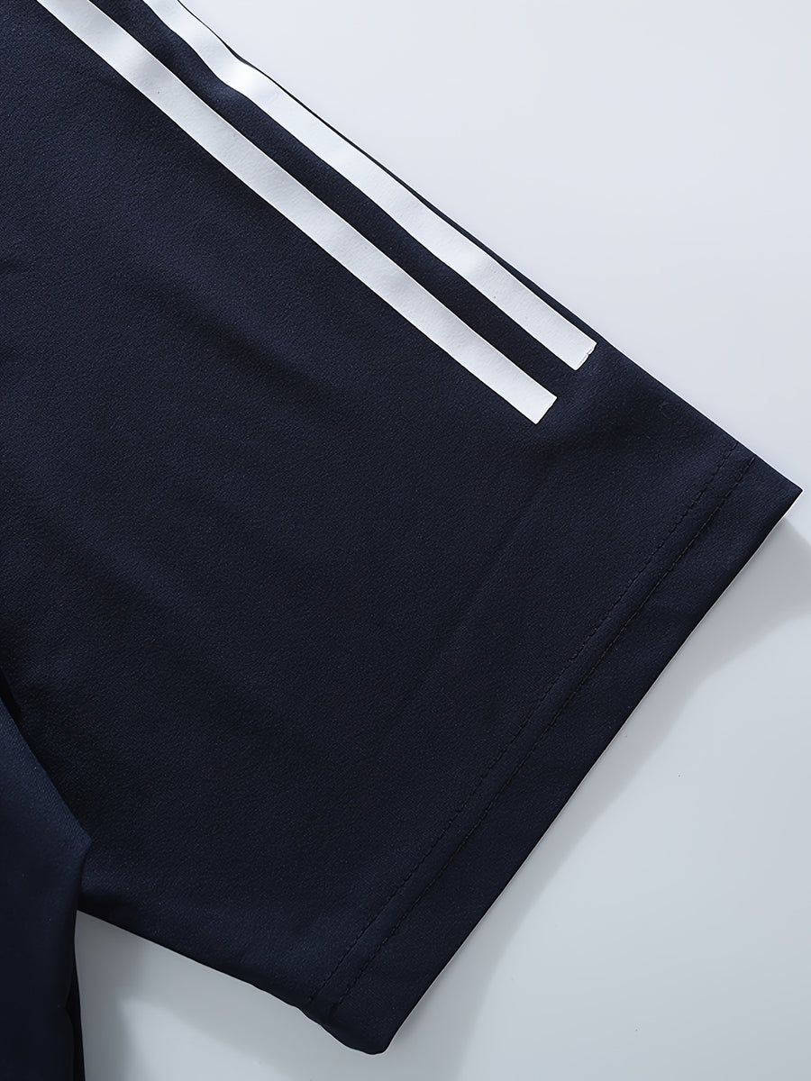 Summer Men'S Striped Street Style T-Shirt Casual Hip-Hop Round Neck Men'S Retro with Print Color-Block Collar Top Athletic Striped Short Sleeve - Navy Color