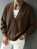 Spring/Autumn New Men's Solid Color V-Neck Zipper Knit Cardigan Jacket, Versatile Top for Commuting, Daily Wear, and Casual Occasions, Simple, Loose-Fitting, Skin-Friendly, and Soft, Couple's Knit Outerwear - Coffee Color