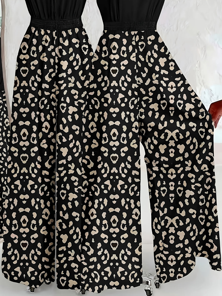 New Arrival Women's Printed Jumpsuit for Outings, Leisure, Seaside Vacations, with Gathered Waist, Fashionable for Commuting and Home Wear - Black