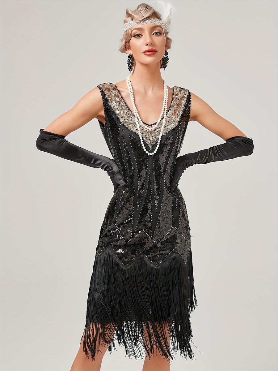 1920s Retro Sequin Gatsby Party Dress with Tassels, Short Sleeve Evening Gown for Banquets and Toasting Ceremonies - In Stock - Black Golden