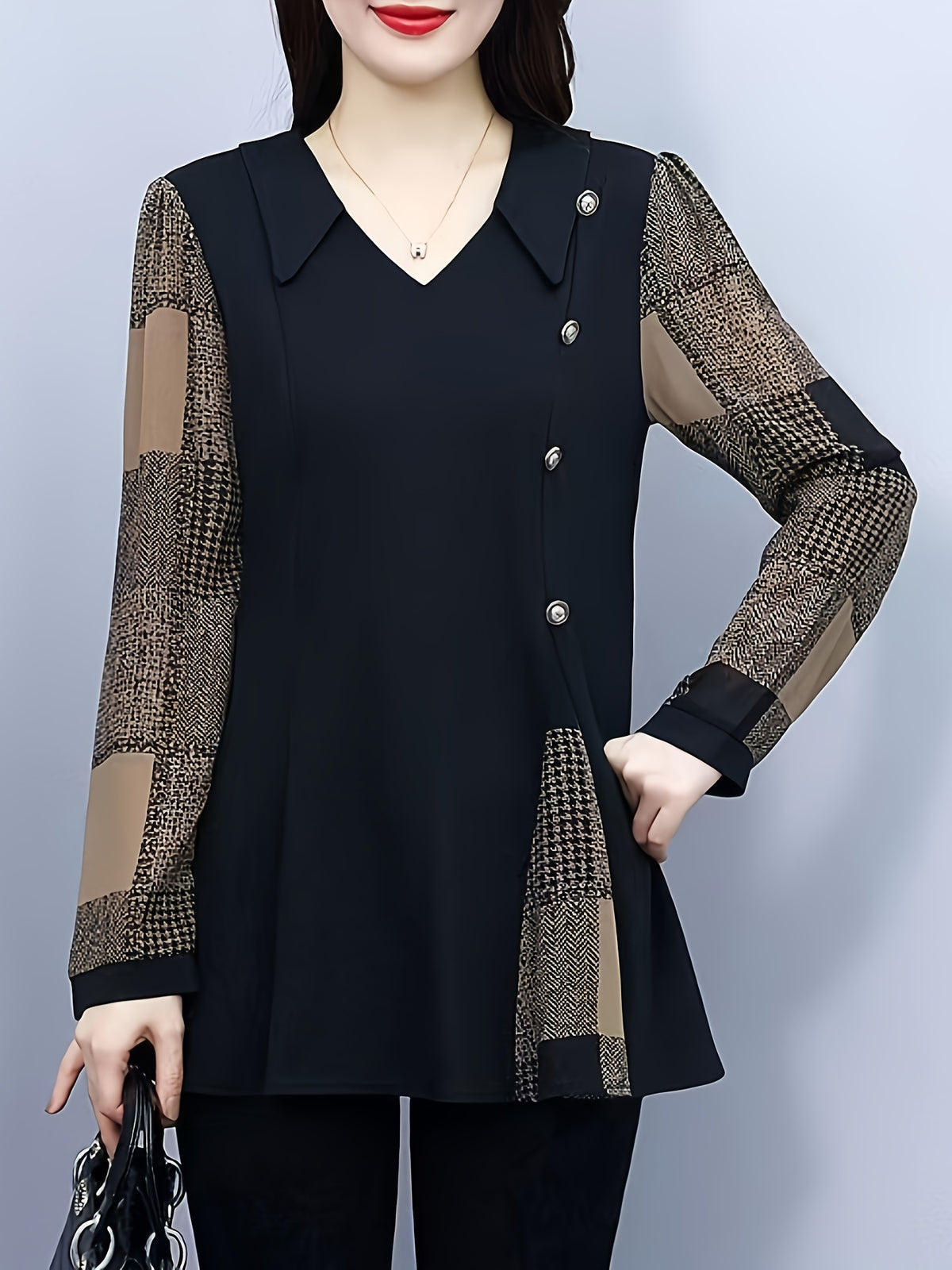 Spring and Autumn Stylish Mom-Style Long-Sleeve Top for Women - Black