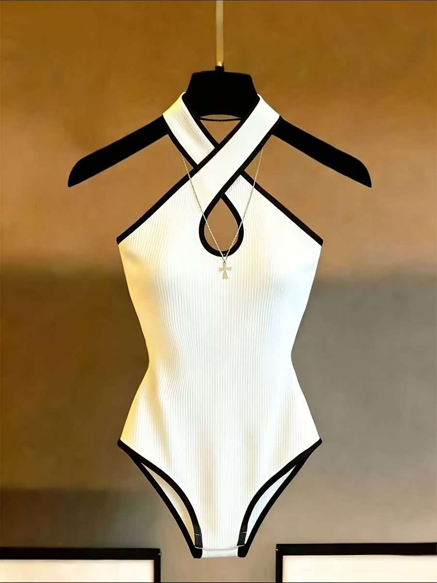 Elegant and Exquisite Women's Cross-Back Halter Ribbed Bodysuit, a Fashionable, Sexy,, and Figure-Flattering Piece Suitable for Parties, Nightclubs, Dates, Vacations, and Beach Outfits - White